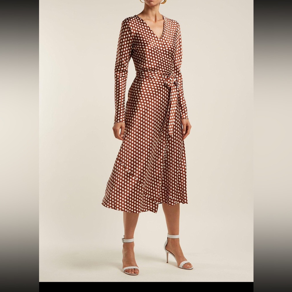 Diane Von Furstenberg Brown and White Wrap Midi Dress.